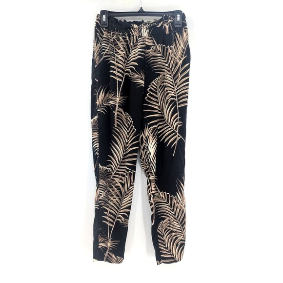 H&M Black Palm Leaves Tropical Boho Elastic Waist Pockets Jogger Pants Size 6 M - Picture 1 of 8